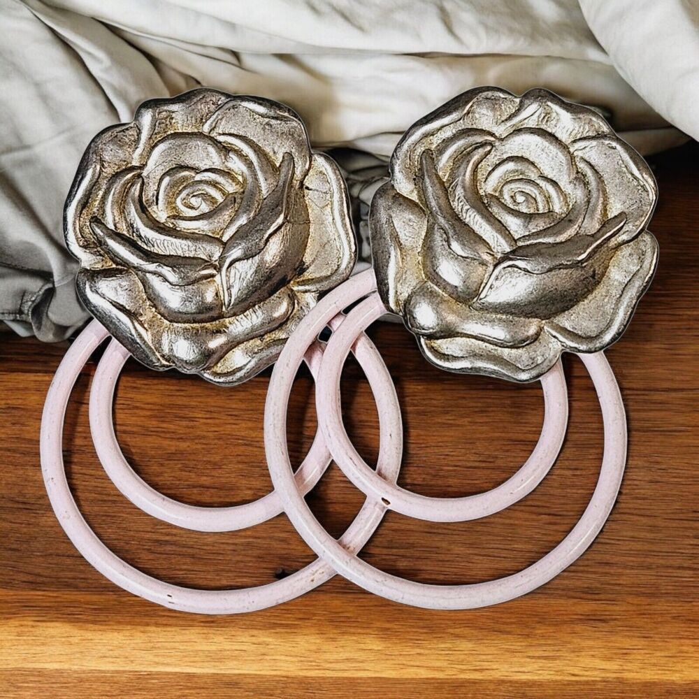 Vtg Pewter 3D Metal Rose Earrings Baby Pink Double Loops Romantic Roses Flower